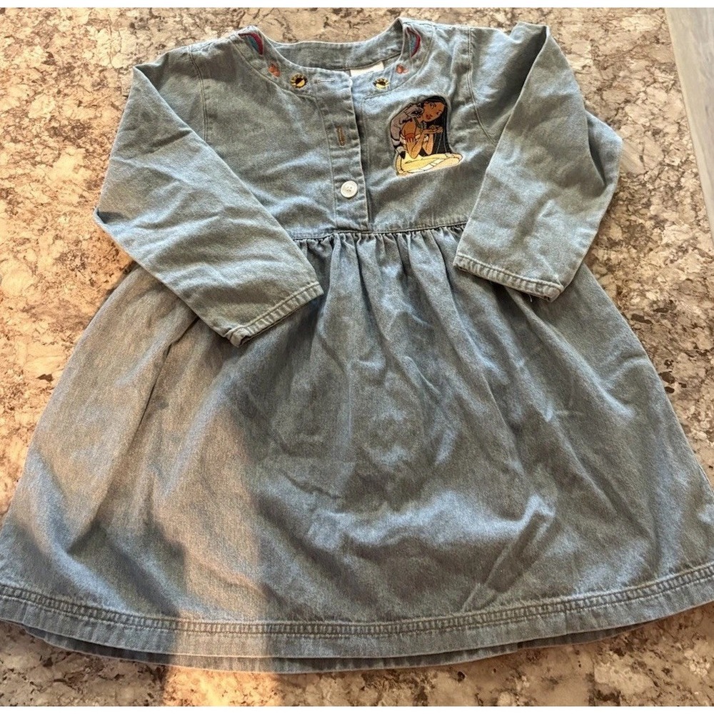Vintage 90s Pocahontas Disney Girls Size 5/6 Long Sleeve Denim Embroidery Dress